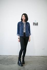 Womens Black And Blue Denim Jacket Women S Navy Denim Jacket Grey Crew Neck T Shirt Black Skinny Jeans Black Leather Lace Up Flat Boots Fashion Korean Fashion Ulzzang Fashion