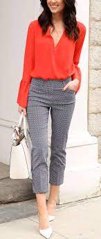 Winter Outfits Orange Surplice Long Sleeved Shirt Grey Capri Pants White Pointed Toe Sandals And White Leather Hand Ropa Moda Ropa De Trabajo Ropa Casual
