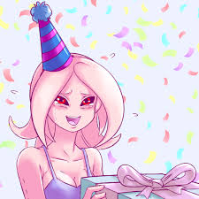 plague of gripes, female majin, 4chan, dragon ball, dragon ball xenoverse,  highres, 1girl, :d, bare shoulders, birthday, black sclera, blue  background, blush, breasts, cleavage, collarbone, colored sclera, colored  skin, confetti, crying, crying