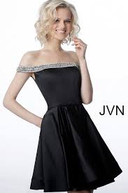 Black Off The Shoulder Embellished Neckline Fit And Flare Hoco Dress Jvn Homecoming2019 Black Short Dress Dresses Satin Homecoming Dress