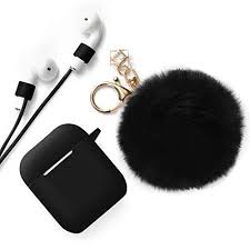 Black Apple Air Pods Odumdum Apple Airpods Case Cute Case Drop Proof Silicone Skin Cover Fluffy Fur Ball Keychain Anti Lost Strap Apple Wireless Headset Gift Girls Lady Black Airpod Case Earbuds Case Cute Cases