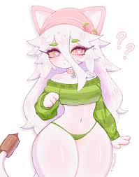 chikomokii, cattail (plants vs. zombies), plants vs. zombies, pink  headwear, highres, ?, animal ears, cat, cat ears, cat tail, cattail, closed  mouth, collar, furry, furry female, green panties, green sweater, long hair,