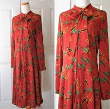 1970s Diane Von Furstenberg Dress Bow Collar Button Down Long Cuff Sleeves Burnt Orange Fall Color Abtract Print Size S M Vintage 12