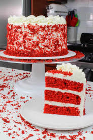 Red velvet cake icing decoration. Red Velvet Layer Cake With Cream Cheese Frosting