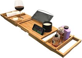 Table designs that are round are more intimate for conversations, as each person is the same distance apart; Amazon Com Luxury Bath Caddy Tray For Tub Bath Table Premium Bamboo Bathtub Tray For Tub Fits All Bath Accessories Wine Glass Books Tablets Cellphones Shampoo Soap Bath Shelf