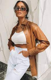 Honey Love Pu Overshirt Tan Brown Leather Jacket Outfit Brown Jacket Outfit Leather Jacket Outfits