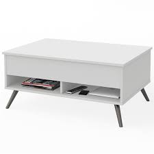 Each table is crafted from solid wood and features understated moldings, tapered legs and three drawers to house your remote, coasters and magazines. Bestar Krom Lift Top Storage Coffee Table In White 17160 1117