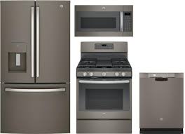 Time saving features · professional grade · timeless style Ge Gereradwmw26795 4 Piece Kitchen Appliances Package With French Door Refrigerator Gas Range Dishwasher And Over The Range Microwave In Slate