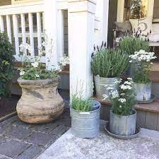 Tomato cages, tomato planters, tomato fertilizers A Galvanized Grouping Farmhouse Porch Style Porch Flowers Front Porch Flowers Porch Landscaping