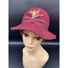 Vtg 1960's Betmar New York Hat Womens Bucket 100% Wool Burgundy Feathers USA