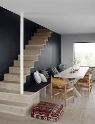 See wooden staircase stock video clips. Dining Area And Light Wood Stairs Dark Blue Wall In A Striking Swedish Summer Cabin On The Island Of Ingaro Modern Wooden House Scandinavian Home Home