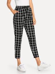 Black And White Check Pants Mens Casual Plaid Tapered Carrot Regular Drawstring Waist Mid Waist Black And White Crop Length Drawstring Waist C Pants For Women Women Pants Casual Bottom Clothes