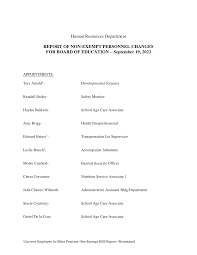Human Resources Department REPORT OF NON-EXEMPT PERSONNEL CHANGES FOR BOARD  OF EDUCATION