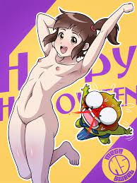 megasweet, hari koo, the haunted house, highres, 1girl, 1other, armpits,  arms up, blood, blush, brown eyes, brown hair, bulge, cleft of venus,  completely nude, erection, erection under clothes, flat chest, goblin,  goblin