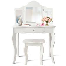Costway Vanity Table Set Makeup Dressing Table Kids Girls Stool Mirror Walmart Com Vanity Table Set Mirrored Vanity Table Vanity Table