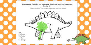On the first one, there is a stegosaurus, to color this one, kids will need their orange, red, green, yellow, and blue color. Dinosaurs Color By Number Addition And Subtraction Up To 10