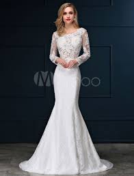 Open shoulder mermaid lace wedding dress 2019. Mermaid Wedding Dresses Lace Beach Bridal Dress Long Sleeve Ivory Open Back Beaded Illusion Wedding Gown With Train Milanoo Com