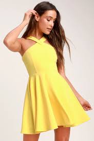 The Way You Look Tonight Yellow Halter Skater Dress Yellow Homecoming Dresses Short Yellow Dress Cocktail Dress Yellow