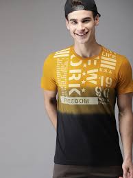 Black And Yellow T Shirt Mens Buy Here Now Men Mustard Yellow Black Printed Round Neck T Shirt Tshirts For Men 7546868 Myntra T Shirt Mens Casual Outfits Mens Tees