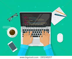 Top view of workspace with laptop, stationery, coffee cup and plant on wooden table. Programmer Coding On Vector Photo Free Trial Bigstock