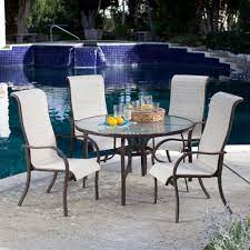 5 Piece Patio Furniture Dining Set With Round Table And 4 Padded Sling Chairs In Bea Clearance Patio Furniture Patio Furniture Table Patio Furniture Dining Set