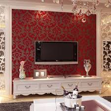 European Damask Velvet 3d Non Woven Wall Paper Red Living Room Bedroom Background Wall Red Living Room Walls Wallpaper Living Room Design Living Room Wallpaper