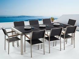 Table De Jardin Acier Inox Plateau Granit Triple Noir Poli 220 Cm Avec 8 Chaises En Textile Noir Grosseto Outdoor Dining Set Outdoor Dining Garden Dining Set