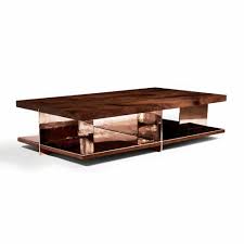 Curved legs with open sides support the design. Contemporary Coffee Table Grid Hudson Furniture Walnut Bronze Stainless Steel