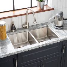 Double sink as an object of kitchen interior. Rectangle Stainless Steel Sink Signature Hardware