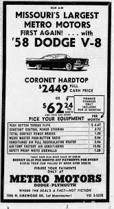 1958 Dodge V-8 At Metro Motors Car Ads Used Car Lots Muscle Car Ads