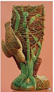 George Jones Majolica Wren On Nest Vase Majolica International Society Image From The Karmason Library In 2020 Majolica Pottery Majolica Pottery Art