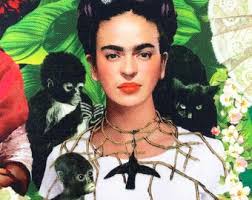 Frida Kahlo Red or Black Background Portrait Print 100 Percent Cotton  Fabric in Stock
