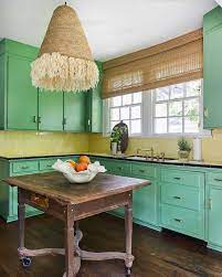 Green come in different tones. Green Vintage Kitchen With Yellow Grid Tiles Vintage Kitchen