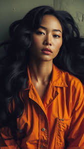 In this peaceful picture, a woman stands with her eyes closed, showing calm  and strength. Her dark skin is crowned with bright flowers in orange,  white, and soft brown, symbolizing overcoming challenges