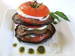 Millefeuille Crispy Eggplant Tomato Mozzarella Salad With Pesto Aubergines Grillees Sauce Pesto Aubergines Frites