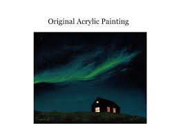 Northern Lights Painting Original Acrylic Painting Aurora Borealis Painting Little Cabin Painting Iceland Art Northern Lights Artwork Northern Lights Painting Aurora Borealis Painting Northern Lights Artwork