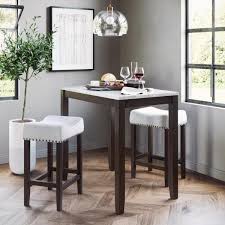 We offer casual sets to formal pieces, with modern and rustic styles. Nathan James Viktor Three Piece Dining Set Kitchen Pub Table White Marble Top Dark Brown Solid Wood Base Light Gray Fabric Seat 41202 The Home Depot