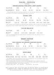 sizing charts daub design