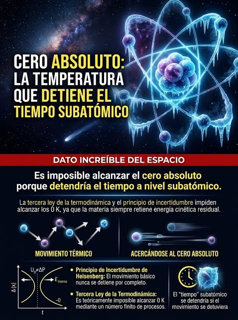 Imagina un frío tan extremo que detiene el movimiento del universo. A  -273.15°C, los átomos quedarían estáticos, congelando el flujo del tiempo a  nivel cuántico. Pero la física prohíbe el reposo absol