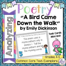 Poetry Task Cards A Bird Came Down The Walk By Emily Dickinson Poetry Analysis Poetry Task Cards Poetry Analysis Task Cards