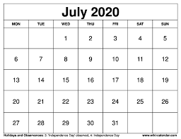 July 2020 Printable Monday Calendar Printable Calendar Calendar Printables Template Printable