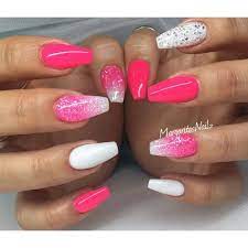 Pink coffin nails are widely used in a variety of possible nails designs! Neon Pink And White Coffin Nails Glitter Ombre Spring Summer 2016 Nail Art Nagels Neon Roze Nagels Nagels Roze