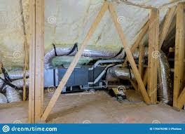 Air Conditioning System Attached To Attic Termal Foam Plastic Insulation New Home Attic Installation Of Heating System On The Roof Stock Image Image Of Equipment Interior 170478395
