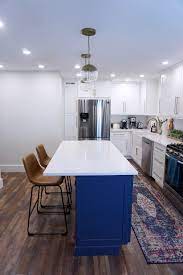 Two Toned Modern Kitchen Navy Oriental Kitchen Runner Blue Kitchen Island With Tan Leather Apartment Kitchen Kitchen Renovation Interior Decorating Kitchen