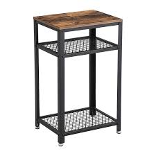 Industrial Style Iron And Wood Side Table With Two Tier Mesh Shelves Black And Brown Benzara Side Table Wood Industrial Side Table Wood End Tables