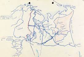 Kun visse kategorier reisende er tillatt å reise ut av eller inn i landet med fly eller over landegrensen. Handtegnet Kart Over Nordvest Russland Med Vassdrag Jernbanelinjer Og Byer Kartet Stanser Ved Uralfjellene I Ost