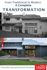 Home Remodel Before And After From Traditional To Modern Aluminum Windows Open Up The Space And Brighten The I Modern House Square House Plans Home Remodeling