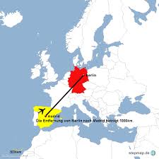 Die kürzeste entfernung zwischen lettland und deutschland beträgt 1.119,66 km luftlinie. Stepmap Entfernung Von Madrid Nach Berlin Landkarte Fur Deutschland