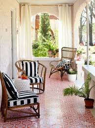 Black And White Patio Floor On This Porch The Stencil Pattern Mimics Spanish Tile Which Is In Step With The Home S Stucco Facade Fourseasonsro Porch Design Outdoor Rooms Outdoor Porch
