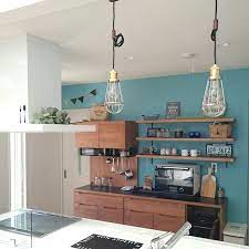 キッチン unico アクセントクロス ブルー ティファニーブルーの壁紙 飾り棚 などのインテリア実例 2017 06 03 20 45 45 roomclip ルームクリップ ティファニーブルー インテリア リビング キッチン キッチン 棚 おしゃれ